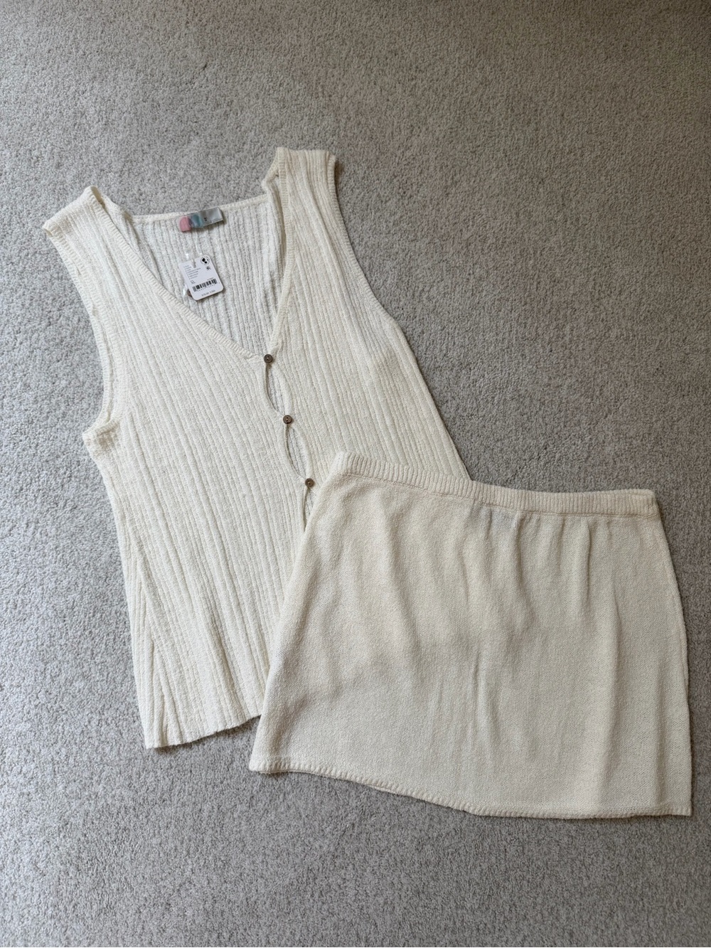 Free People Cream Knit Button Front Vest & Mini Skirt Set - Picture 2 of 7